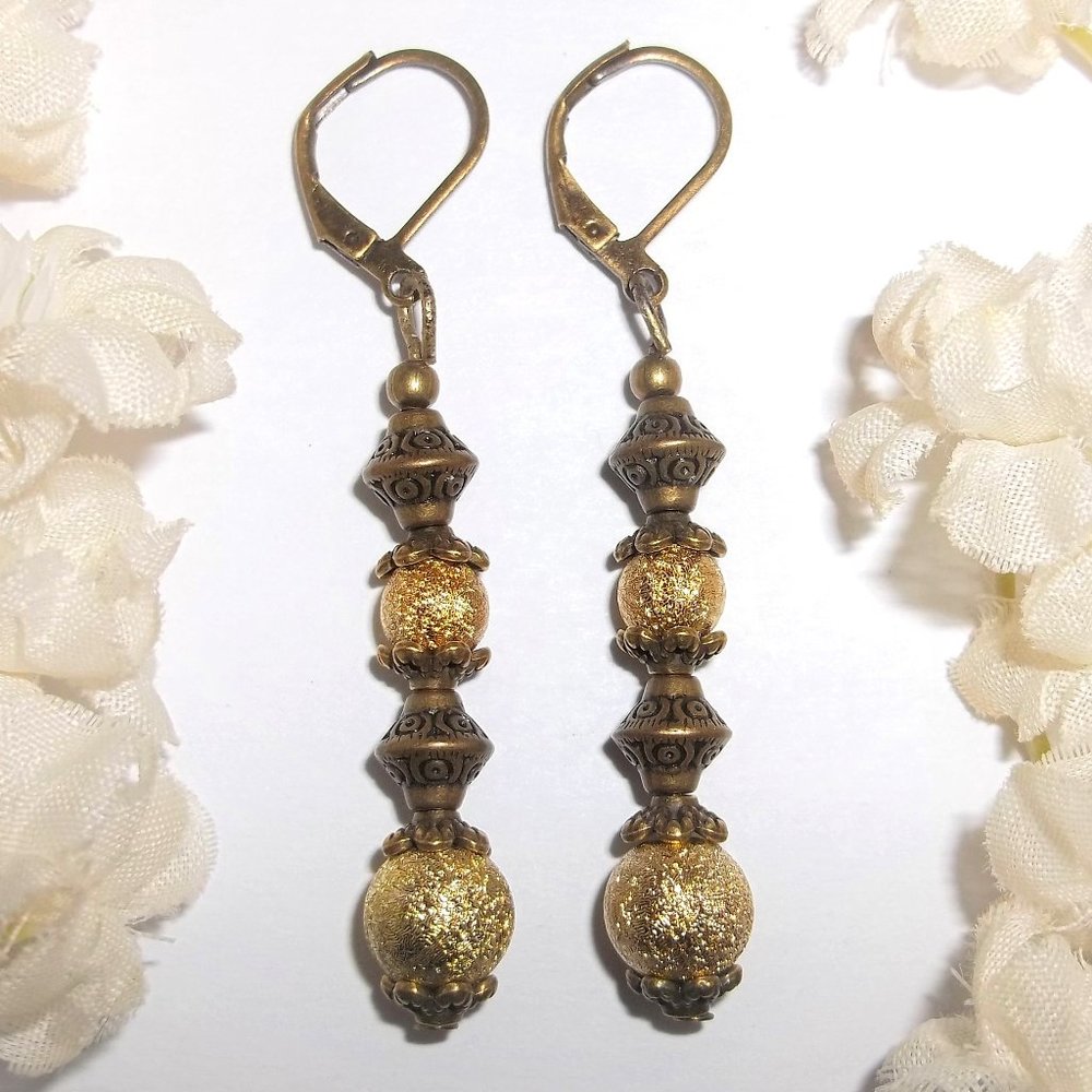Gold and Bronze Boho Earrings Long Beaded Bohemian Rustic Style Set Pair C028